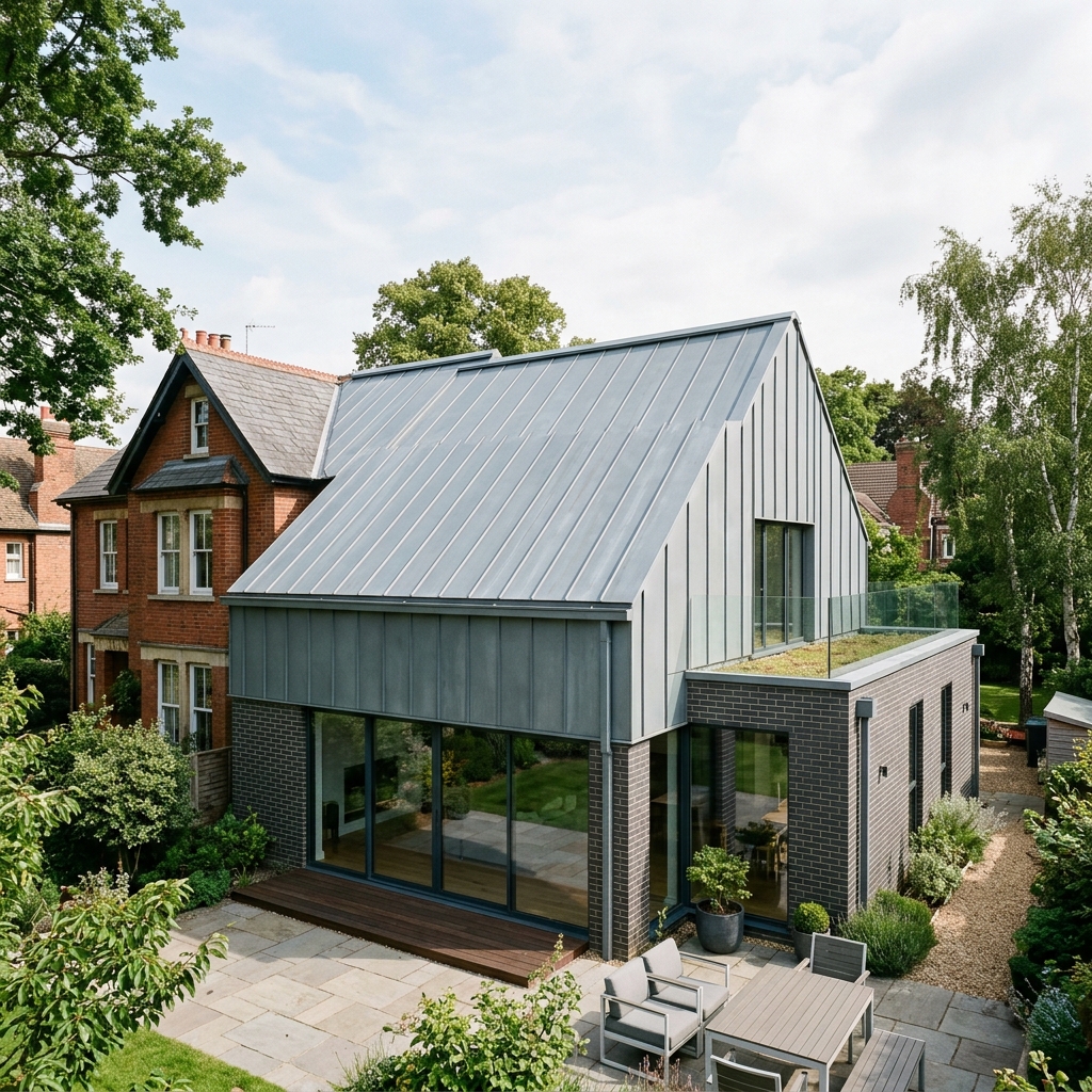 Completed standing seam metal roofing panels installation Cambridge UK